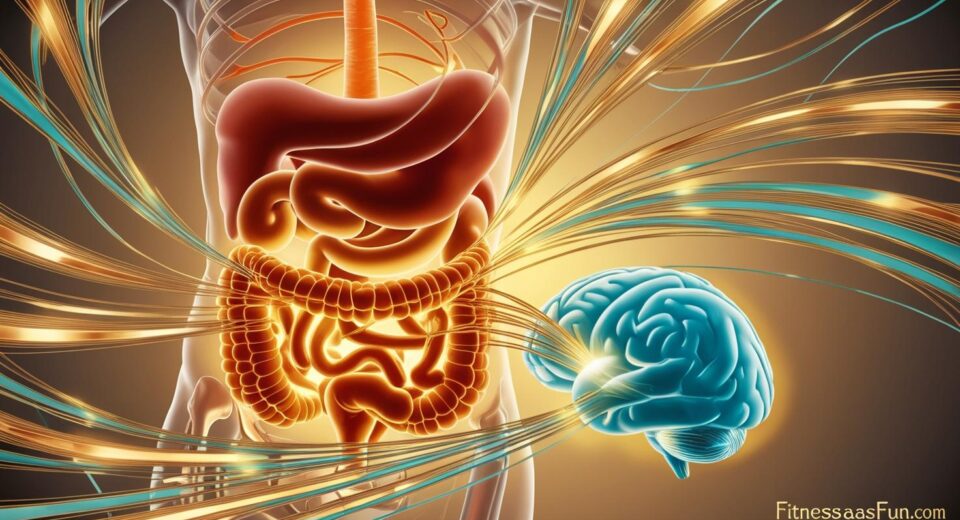 “A glowing gut and brain connected by light trails symbolizing communication and balance