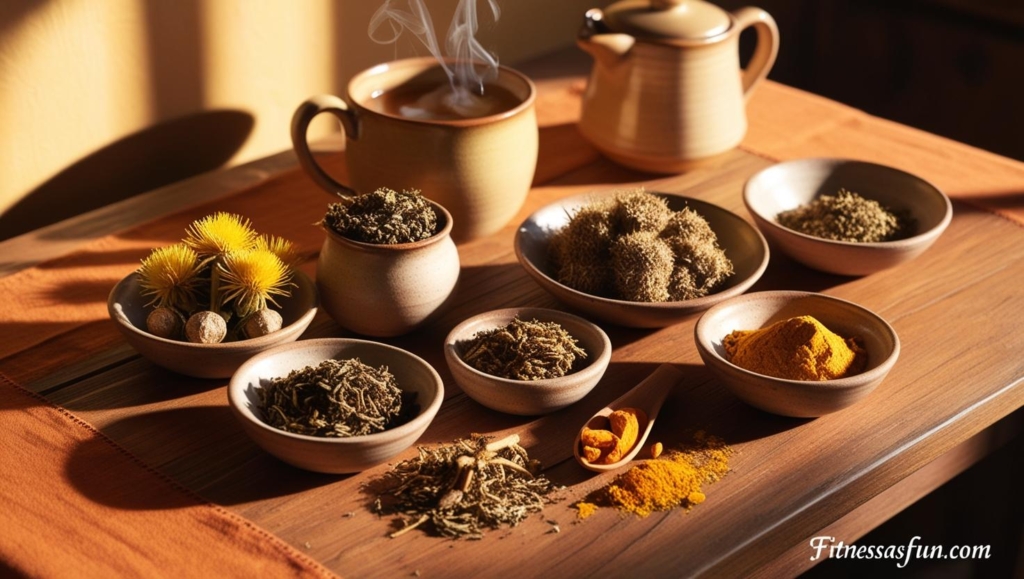 A herbal tea setup featuring milk thistle dandelion root and turmeric