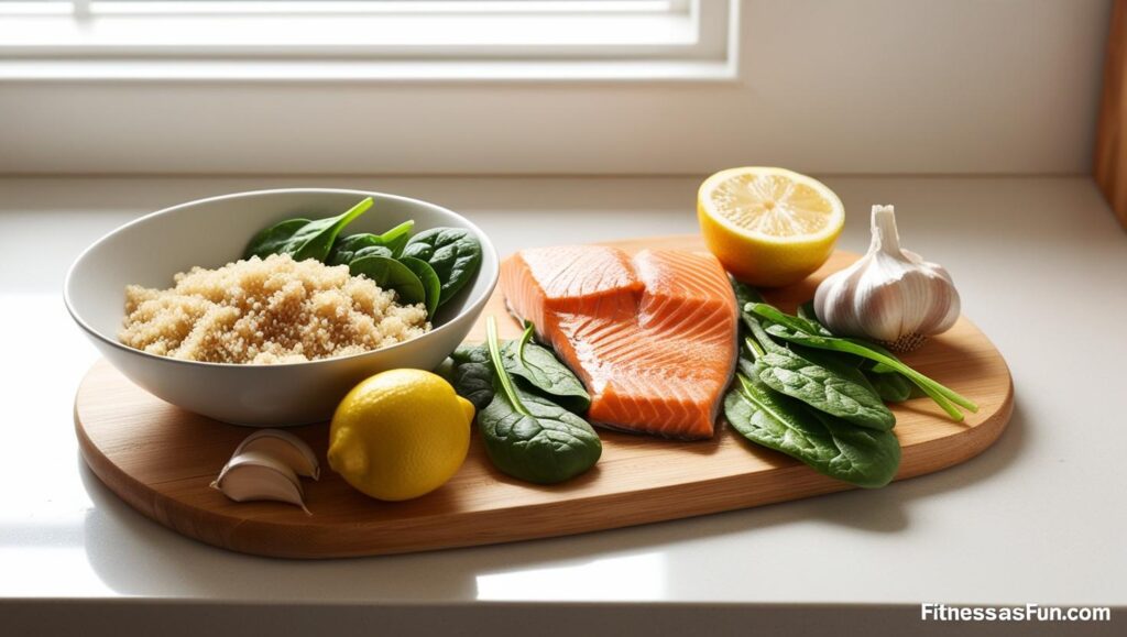 A kitchen counter with ingredients for an anti inflammatory meal salmon quinoa spinach garlic lemon