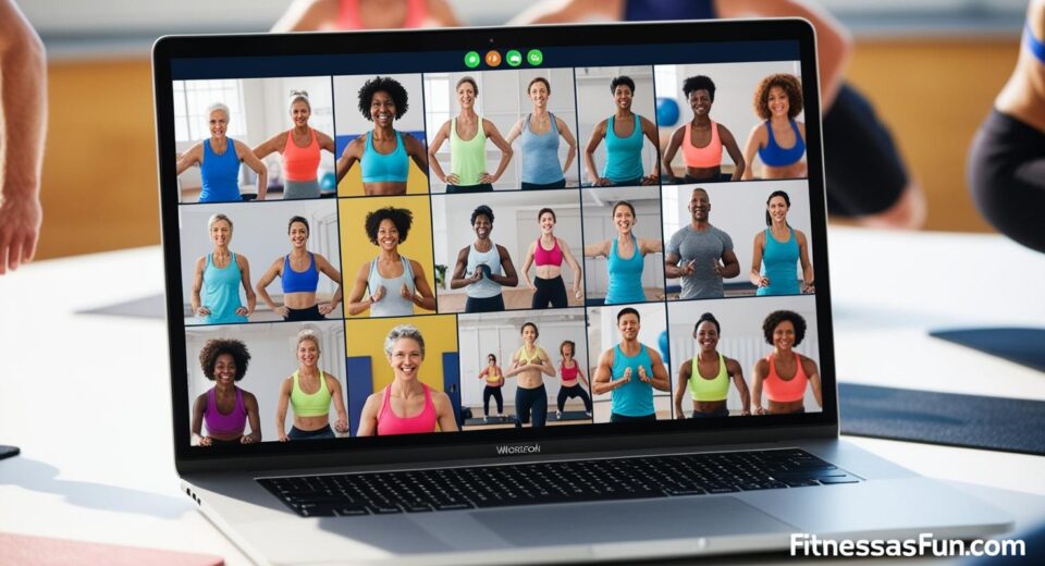 A laptop screen showing a virtual workout class with diverse people in Zoom style tiles