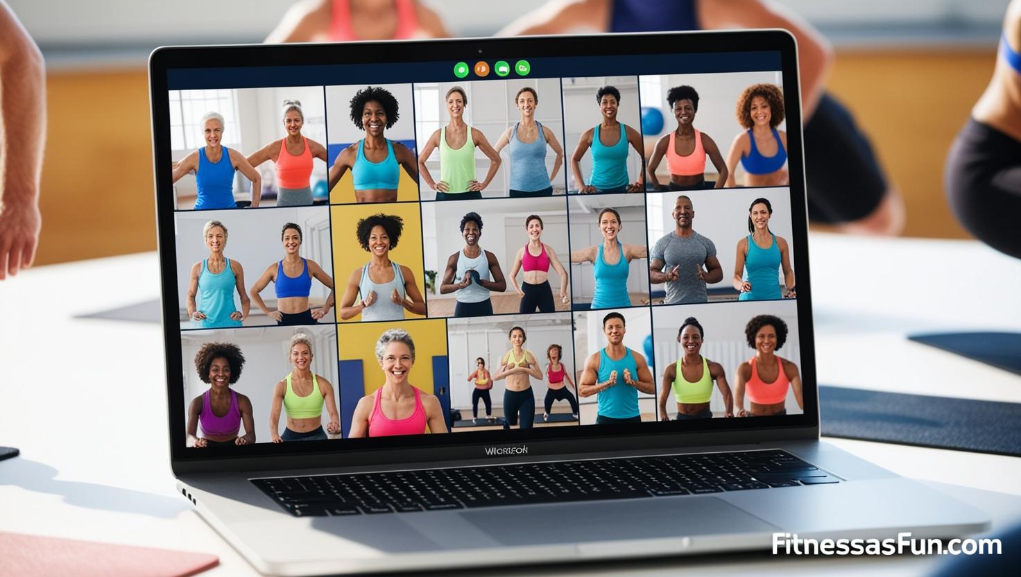 A laptop screen showing a virtual workout class with diverse people in Zoom style tiles