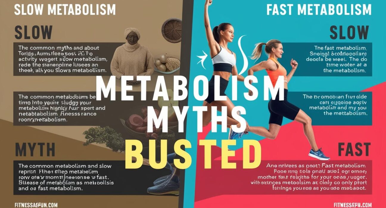 A “myth vs fact” graphic split between slow fast metabolism illustrations with overlay