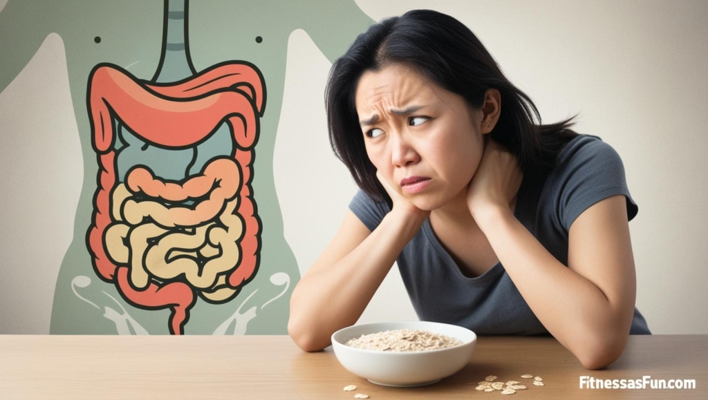 A person clutching their stomach with a concerned facial expression while a nearby bowl of oatmeal sits untouched