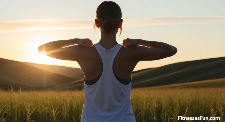 A person standing still on a quiet mountain or field at sunrise
