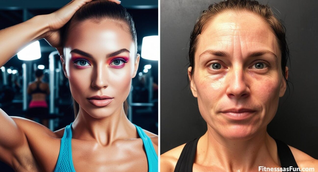 A split screen of a highly filtered gym selfie vs a real unfiltered post workout face