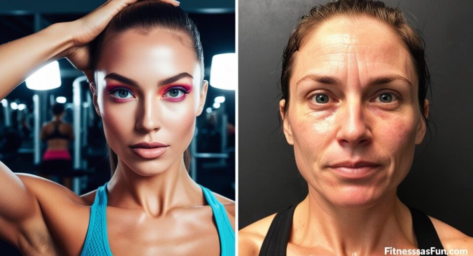 A split screen of a highly filtered gym selfie vs a real unfiltered post workout face