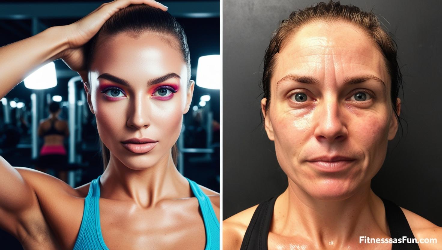 A split screen of a highly filtered gym selfie vs a real unfiltered post workout face