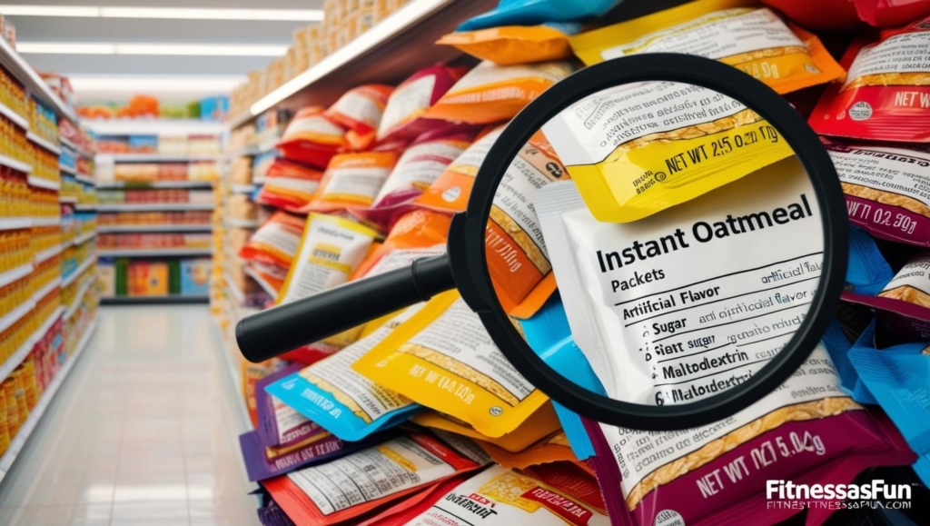 A supermarket aisle filled with brightly colored instant oatmeal packets