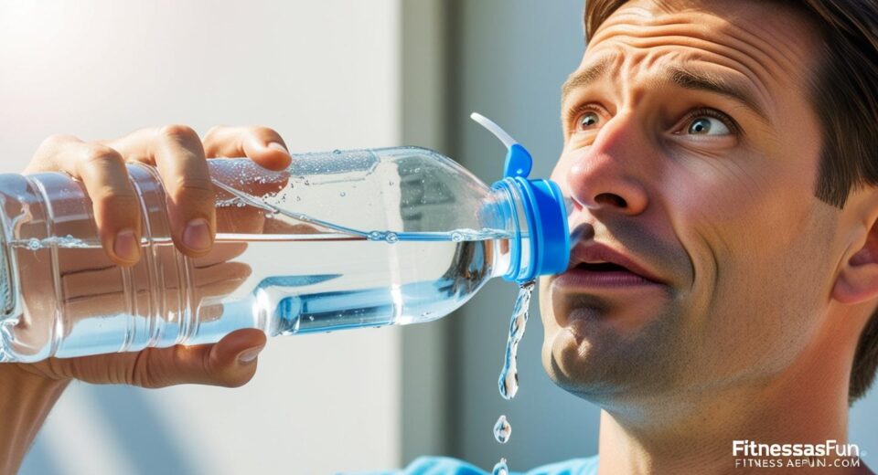 A water bottle overflowing or a person drinking with a confused expression
