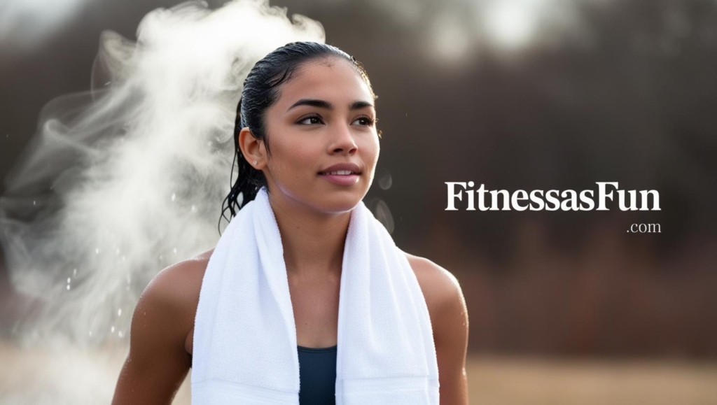 An athlete standing confidently post shower towel around neck exhaling steam in cold air