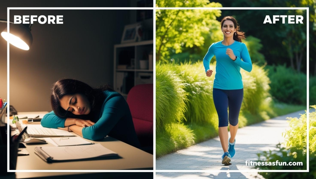 Before and after lifestyle scene tired person slouched at a desk vs energized person walking outside