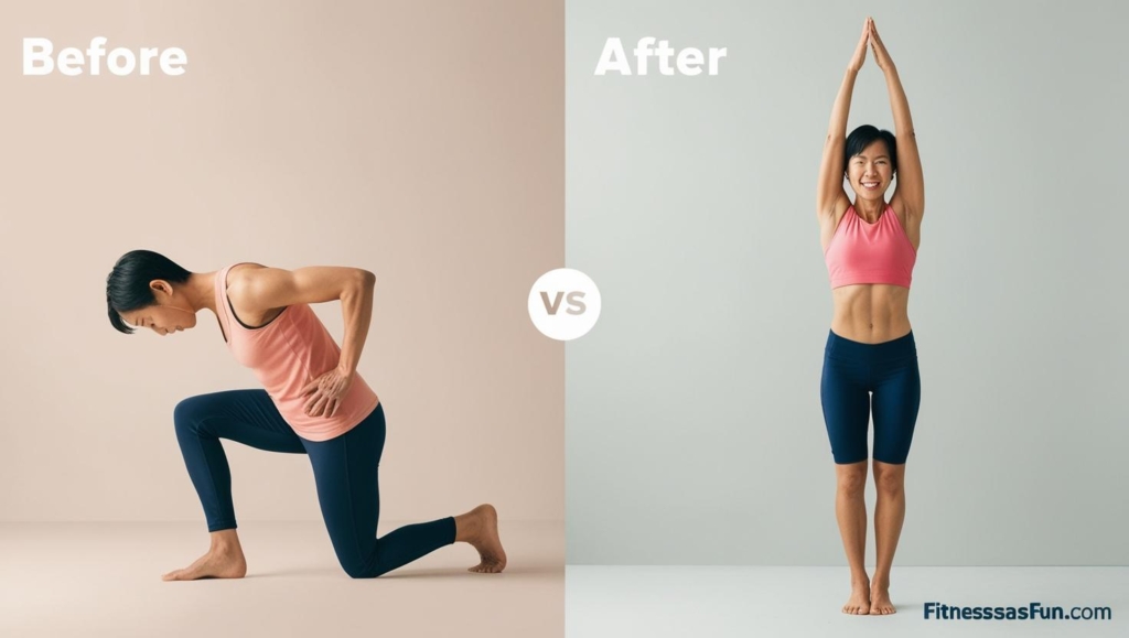 Before and after photo of a healthy adult with improved posture and energy