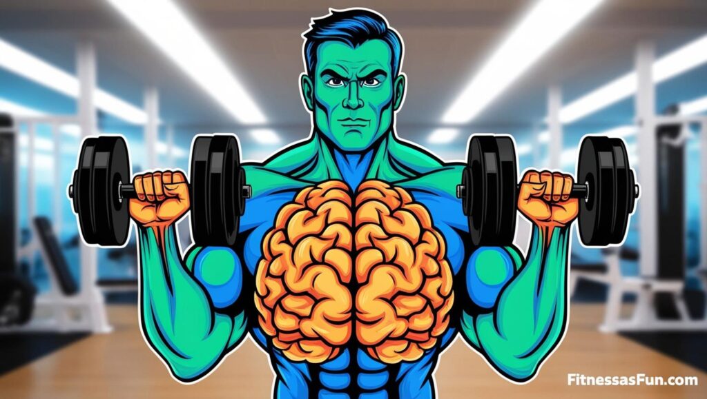 Brain lifting dumbbells in a gym metaphorically showing “mental reps