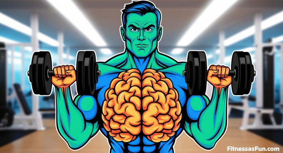 Brain lifting dumbbells in a gym metaphorically showing “mental reps