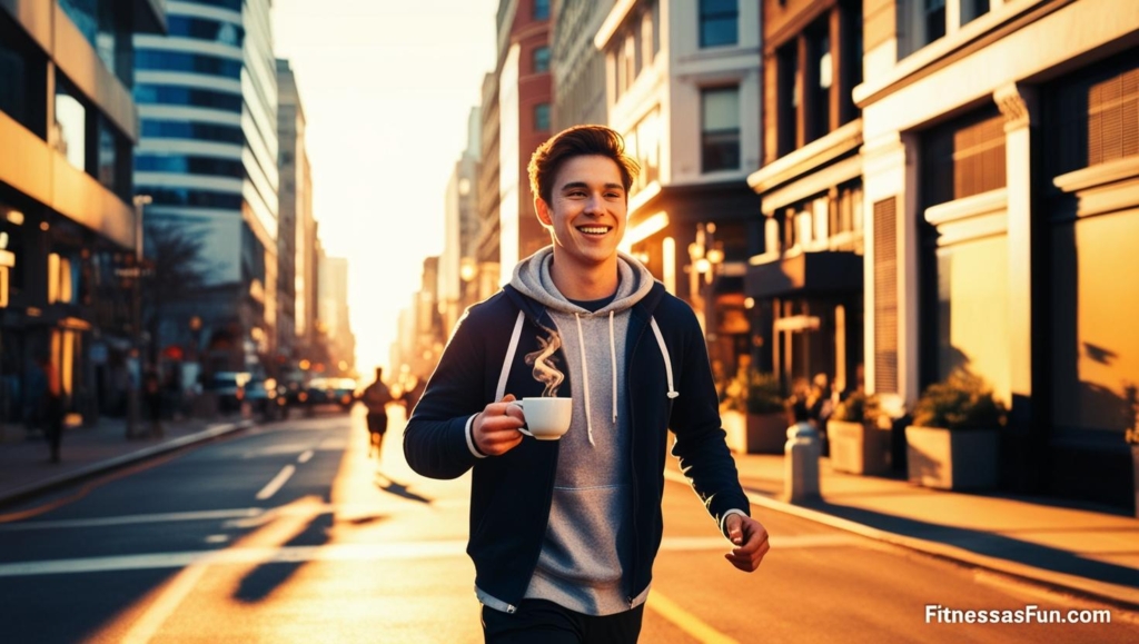 Casual walker on city streets during golden hour holding coffee smiling while walking briskly