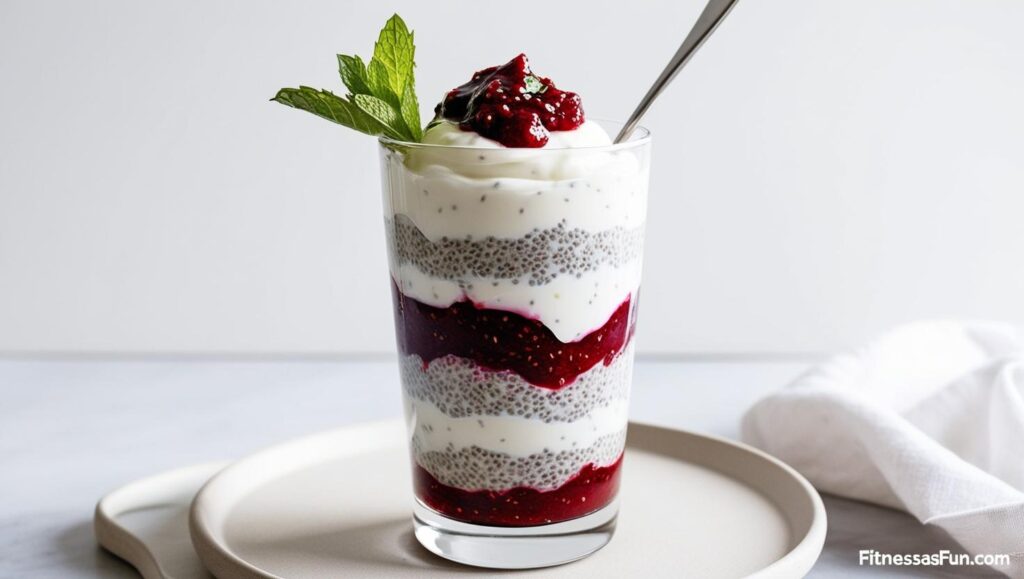 Chia berry parfait in a tall clear glass with layered yogurt and jam topped with fresh mint