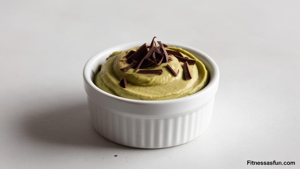 Chocolate avocado mousse in a small white ramekin with dark chocolate shavings on top