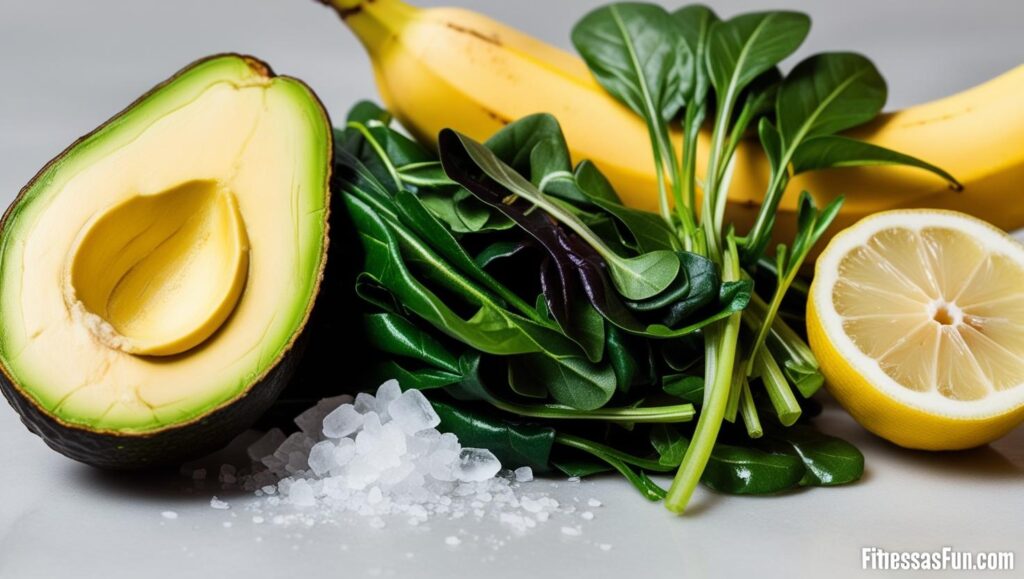 Close up of electrolyte rich foods avocado banana leafy greens sea salt lemon
