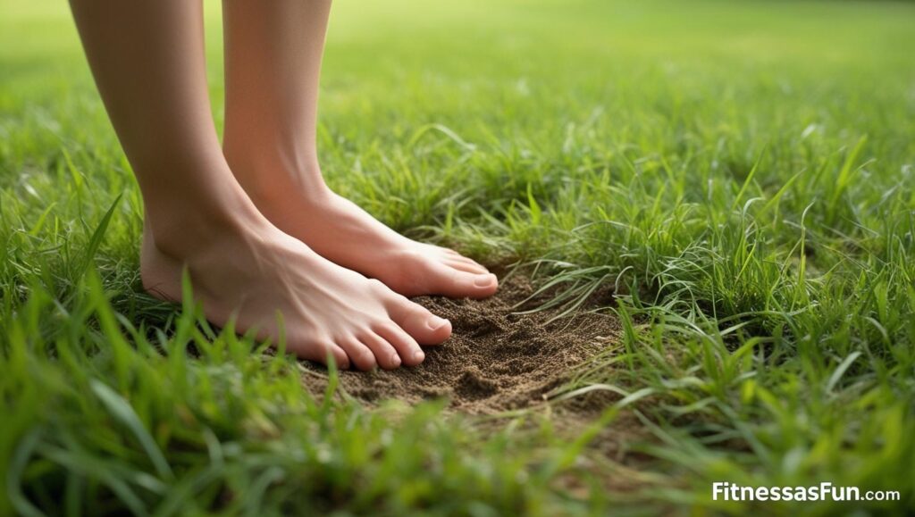 Close up of feet grounded on natural earth—barefoot standing on grass or soil