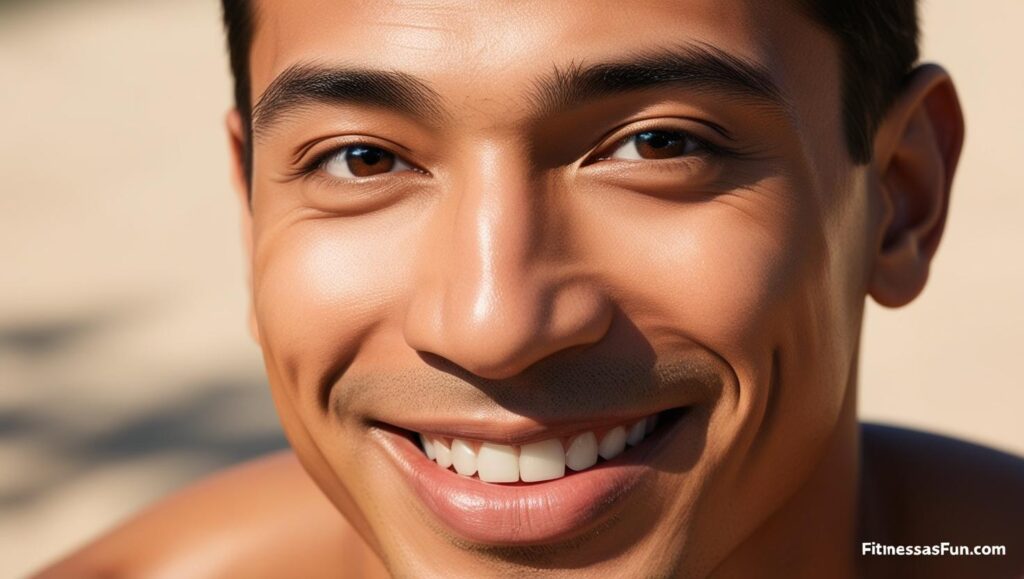 Close up of glowing skin and bright eyes of a smiling person