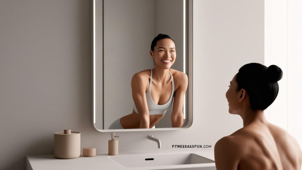 Confident person looking in the mirror smiling clear skin toned body