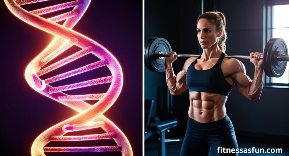 DNA strand half a person lifting weights or running symbolizing genetics + fitness
