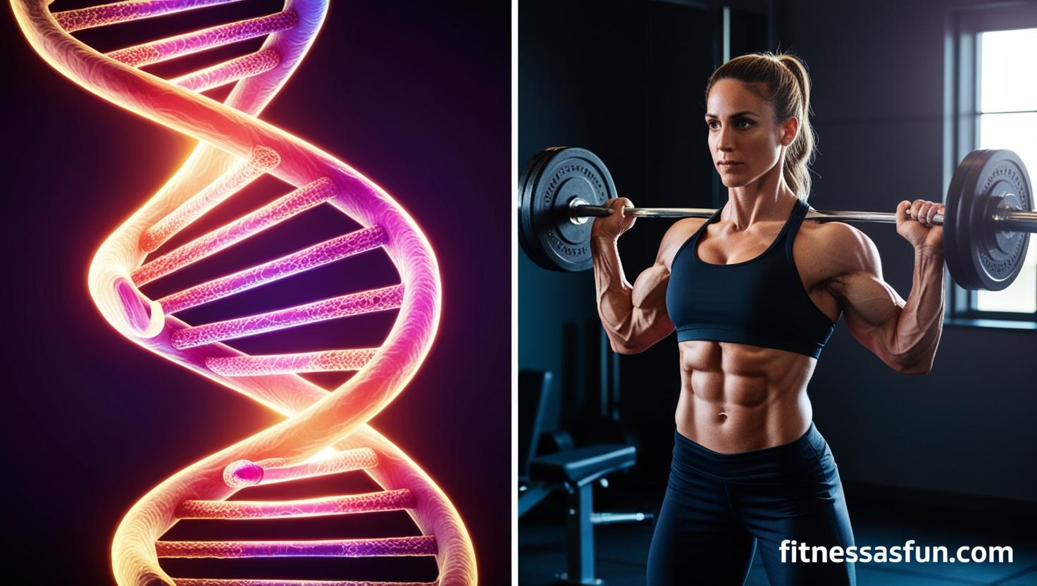 DNA strand half a person lifting weights or running symbolizing genetics + fitness