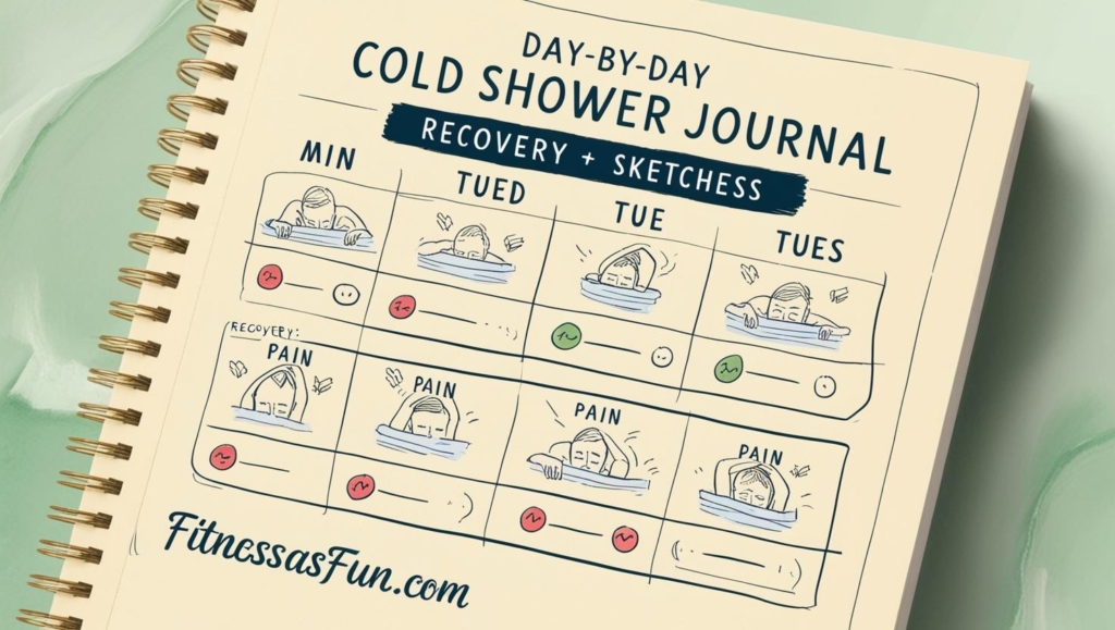 Day by day cold shower journal on a notepad with sketches of recovery progress and pain levels