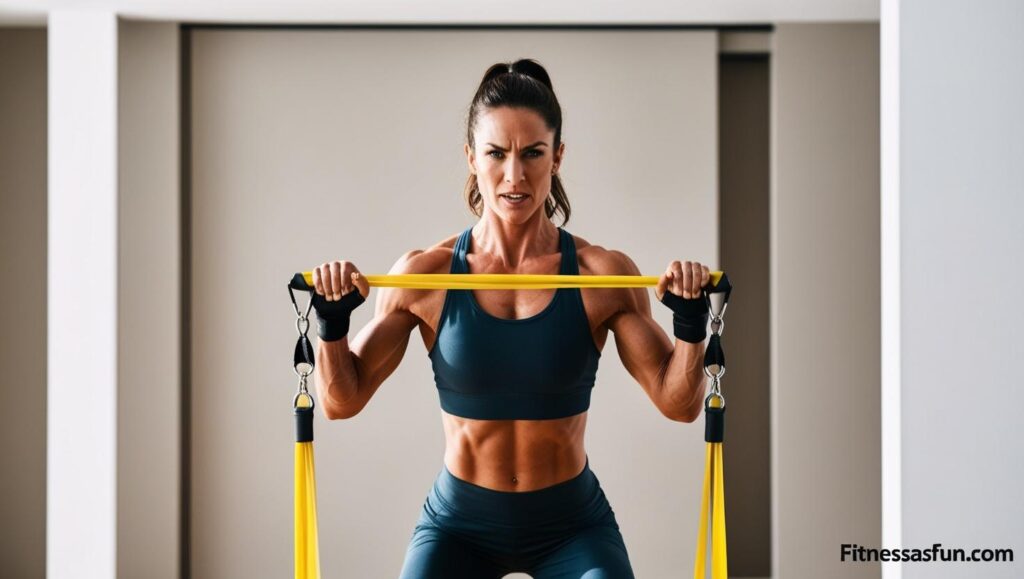 Fitness enthusiast doing a Pallof press with a resistance band in a minimal home gym