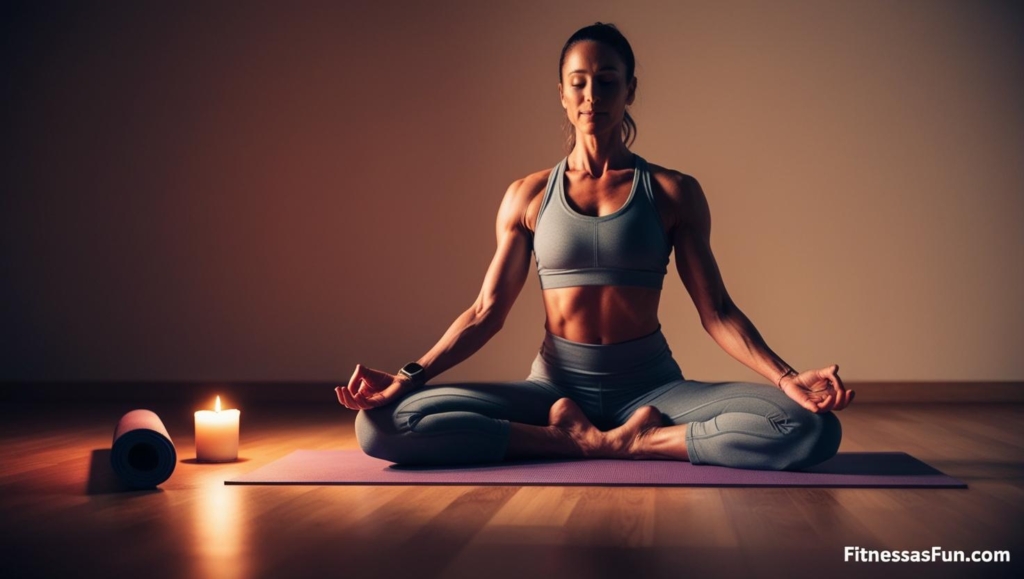 Fitness enthusiast doing post workout body scan meditation on yoga mat