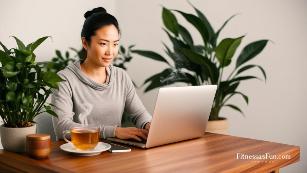 Focused individual working on a laptop with a cup of herbal tea