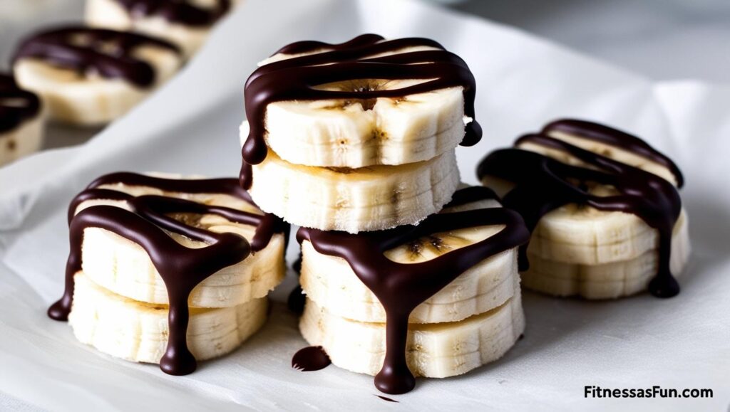 Frozen banana bites stacked on parchment paper with a drizzle of chocolate