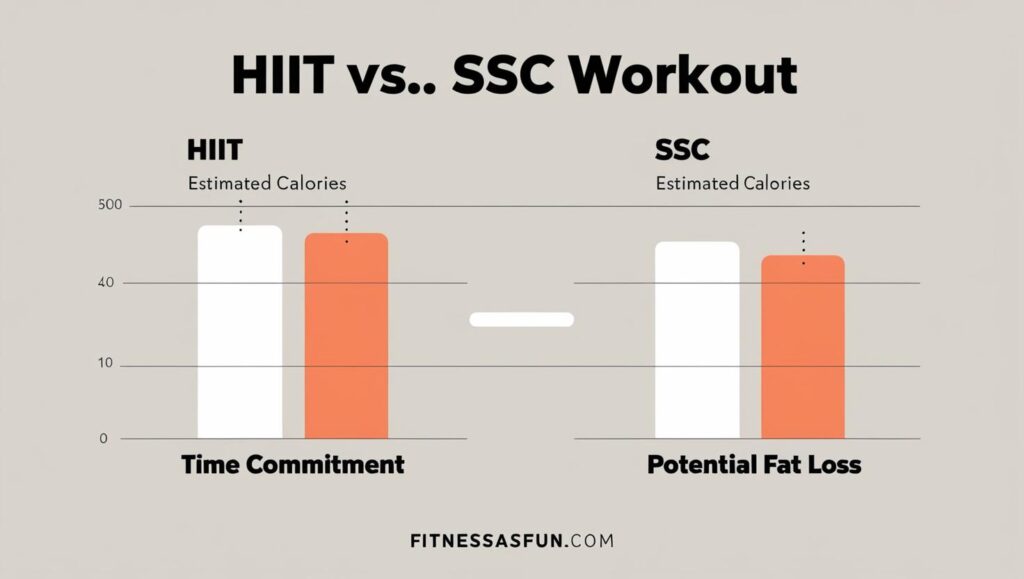 HIIT vs SSC showing time calories burned and fat loss potential