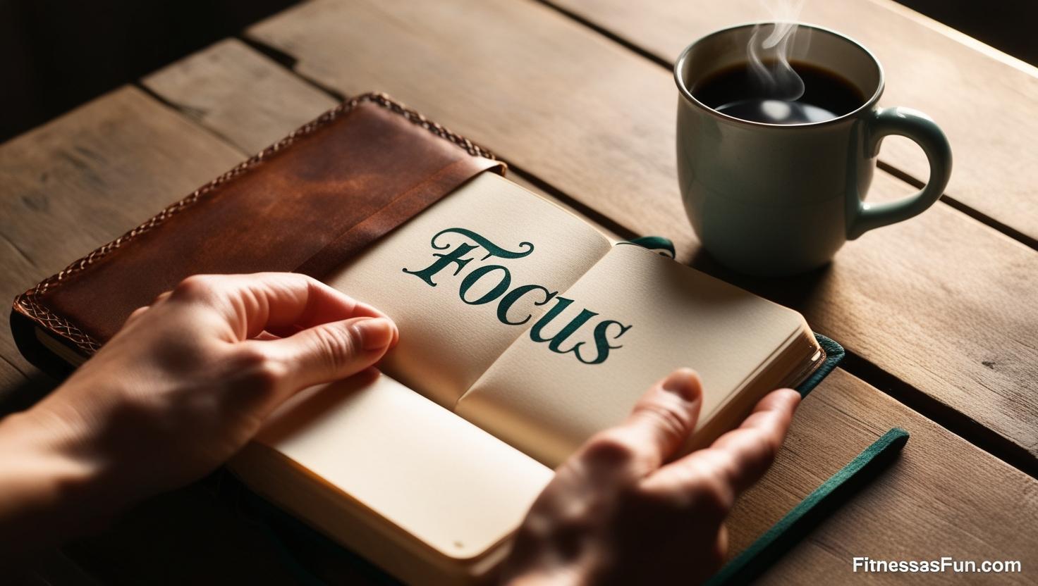 Hand holding a journal open to a page where a single powerful word