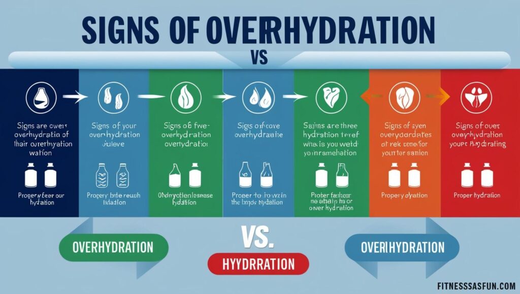 Infographic showing signs of overhydration vs proper hydration