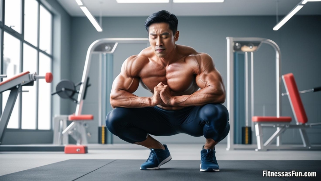 Muscular person in between workout sets eyes closed hands on knees focused breathing in a modern gym