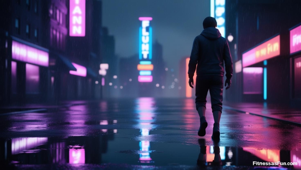 Night walk scene with neon city lights person walking alone looking reflective and calm