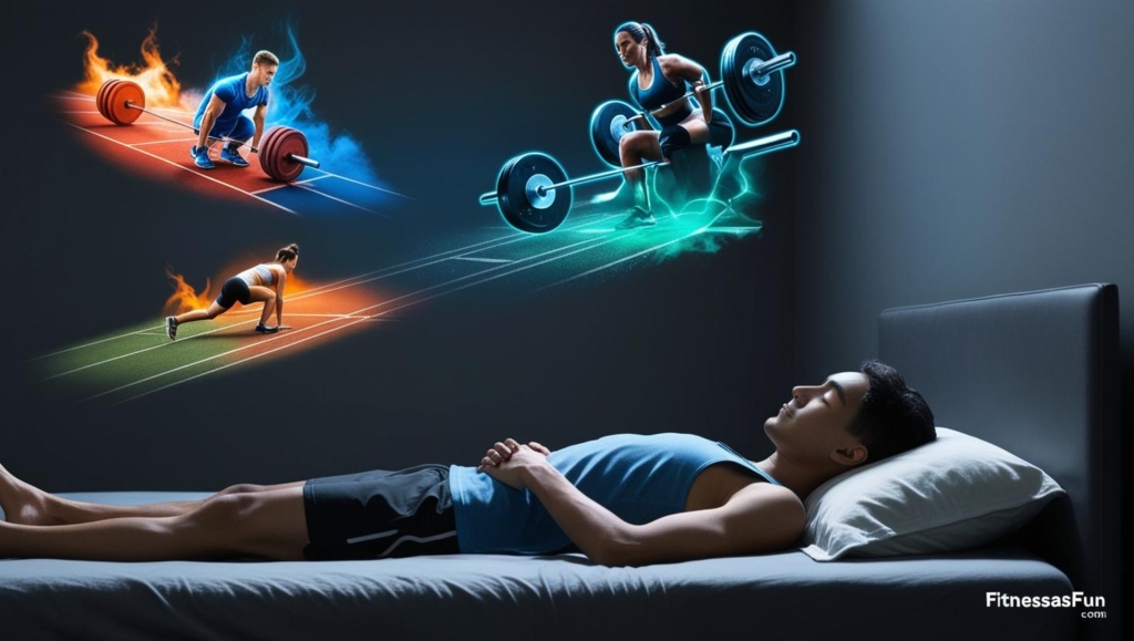 Nighttime scene of athlete lying in bed eyes closed visualizing workout with dreamy holographic fitness visuals