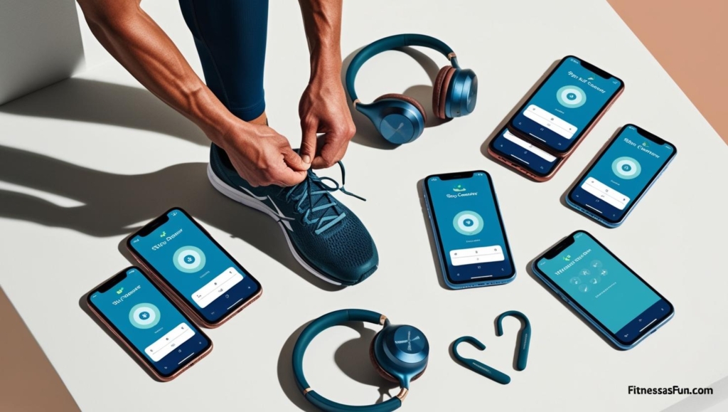 Overhead shot of a person tying sneakers surrounded by step counter apps and headphones