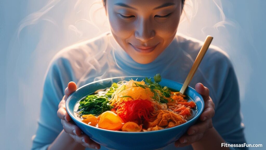 “Person eating a colorful fermented food bowl with calming blue aura around them