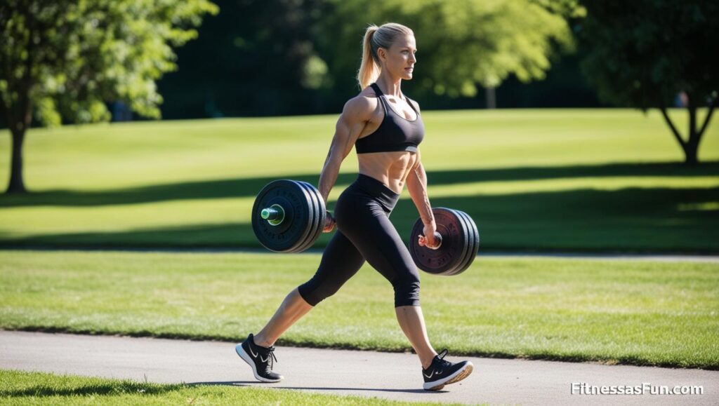 Person performing a farmer’s carry outdoors walking tall with dumbbells