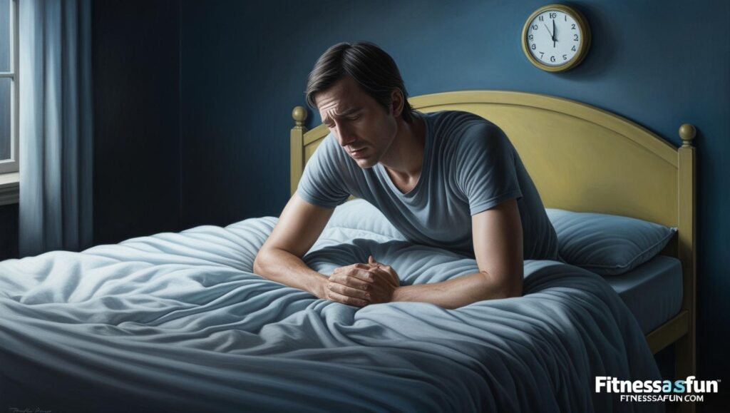 Person sitting on bed with insomnia looking at a clock reading 3 a m
