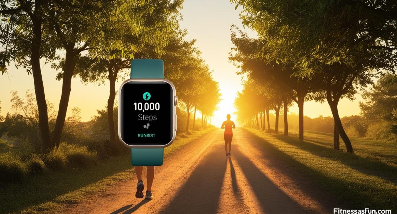 Person walking on a tree lined trail at sunrise smartwatch showing 10 000 steps peaceful atmosphere