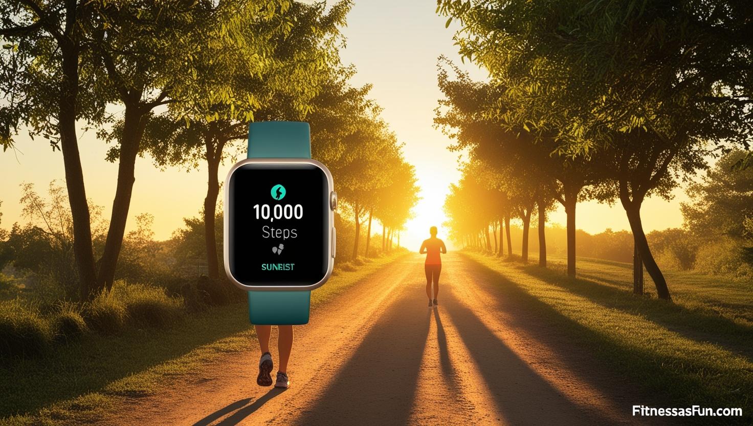 Person walking on a tree lined trail at sunrise smartwatch showing 10 000 steps peaceful atmosphere