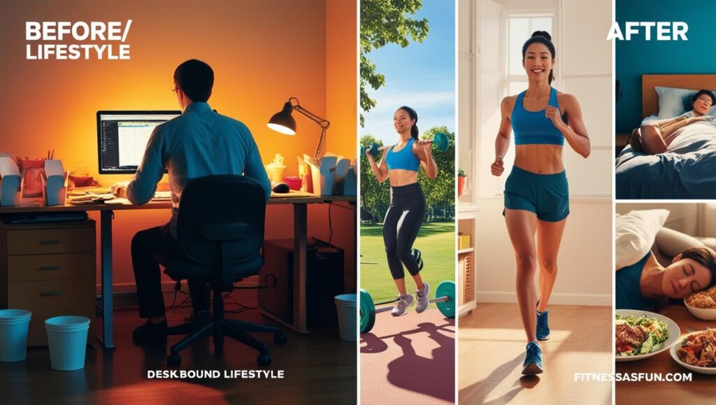 Photo collage showing desk bound lifestyle vs active one (steps lifting sleep eating)