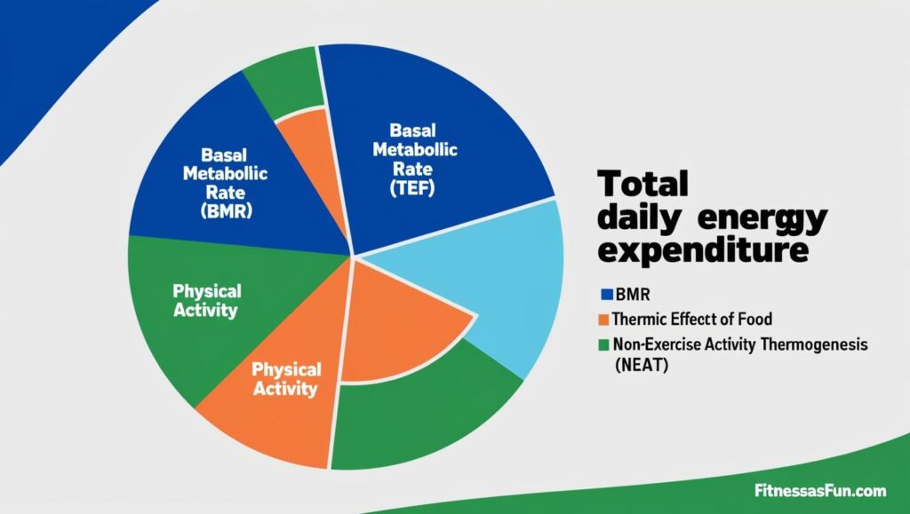 Pie chart showing BMR TEF Physical Activity and NEAT as components of total daily energy expenditure