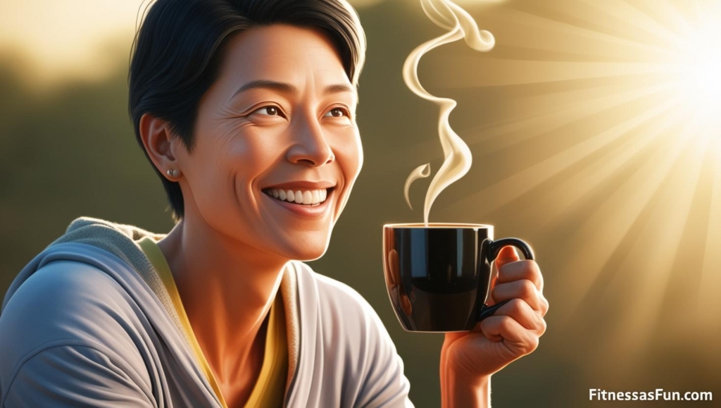 “Realistic illustration of a person drinking black coffee in the morning sun feeling energized”