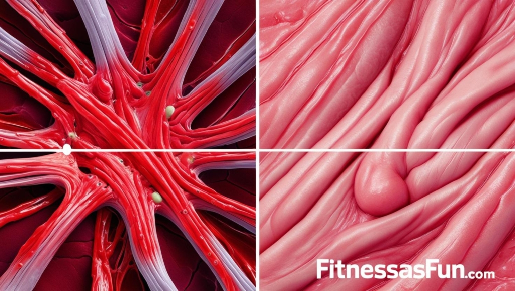 Split image of muscle fibers inflamed on one side cooled and healed on the other