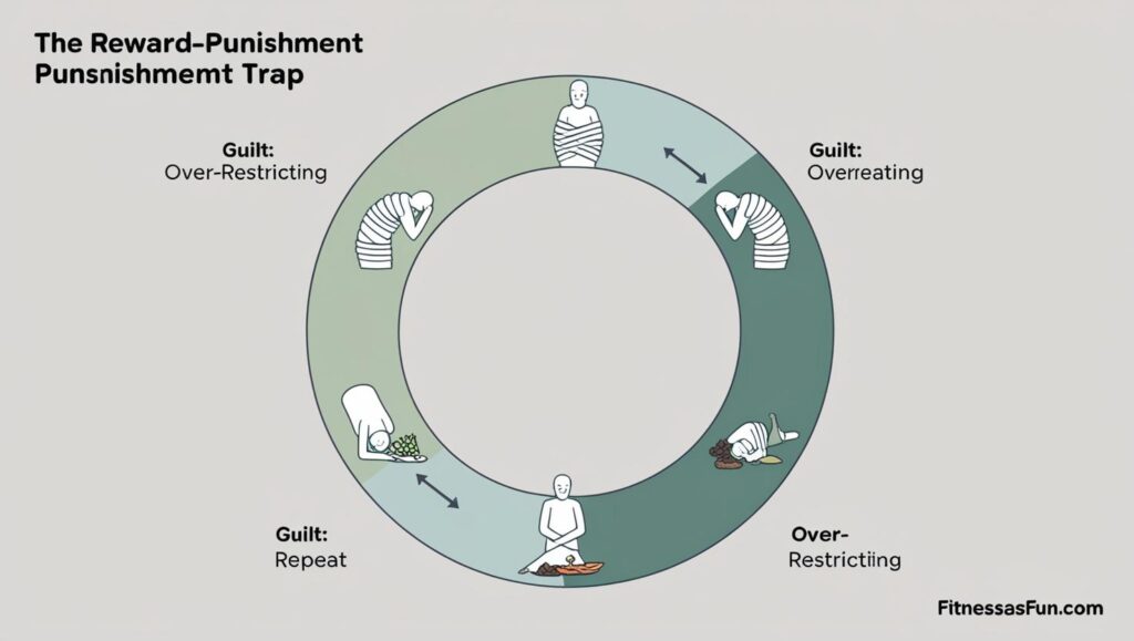 The Reward Punishment Trap” – Over restrict → Overeat → Guilt → Repeat