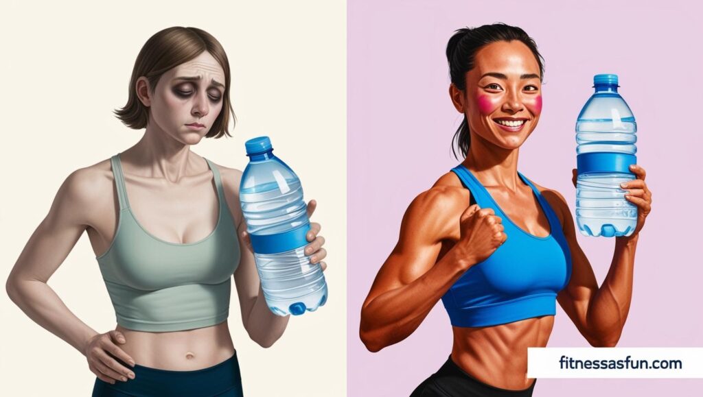 Two panel image Person looking tired sluggish despite drinking lots of water